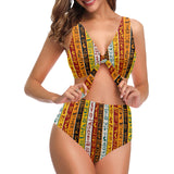 Egypt Hieroglyphics Pattern Print Design 01 Chest Bowknot High Waisted Bikini Swimsuit