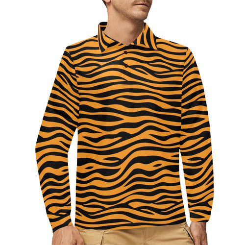 Bengal tigers skin print pattern background Men's Long Sleeve Polo Shirt