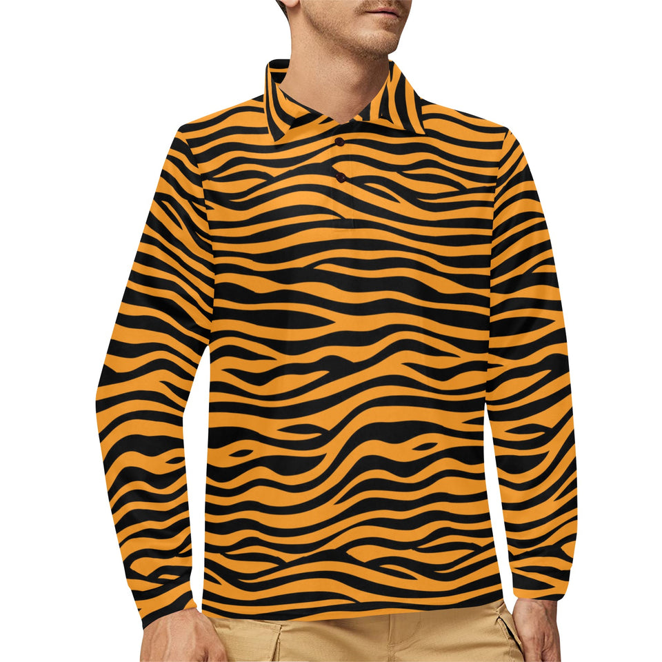 Bengal tigers skin print pattern background Men's Long Sleeve Polo Shirt