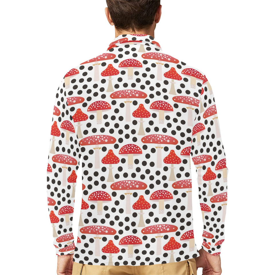 Red mushroom dot pattern Men's Long Sleeve Polo Shirt