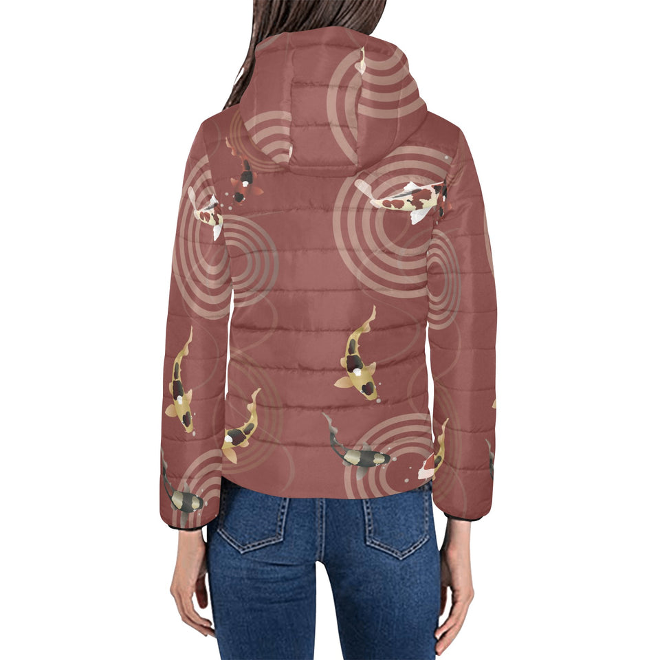 Koi Fish Carp Fish red background Women's Padded Hooded Jacket