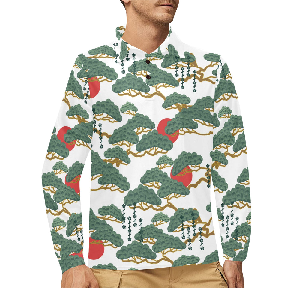 Bonsai red sun japanese pattern Men's Long Sleeve Polo Shirt