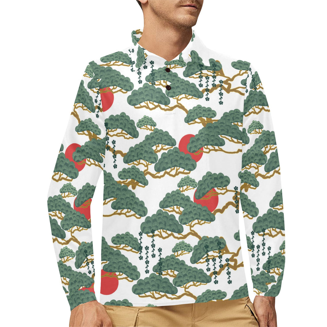 Bonsai red sun japanese pattern Men's Long Sleeve Polo Shirt