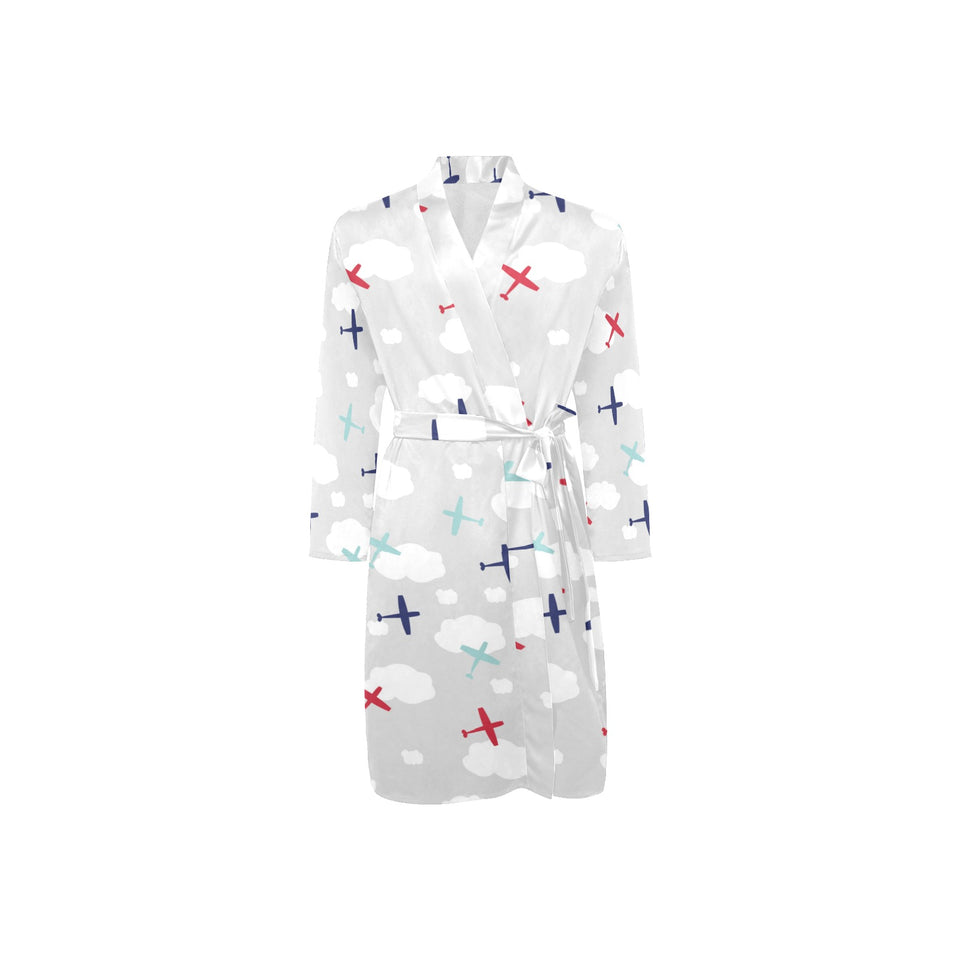 Airplane cloud grey background Men's Long Sleeve Belted Night Robe