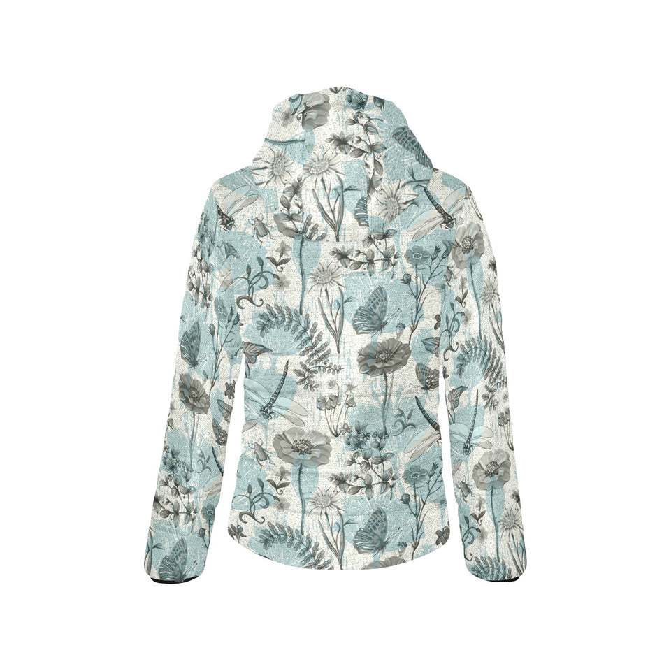 Dragonfly Butterfly Plants insect flower vintage s Women's Padded Hooded Jacket