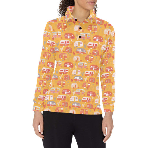 Camper Van Pattern Print Design 04 Women's Long Sleeve Polo Shirt