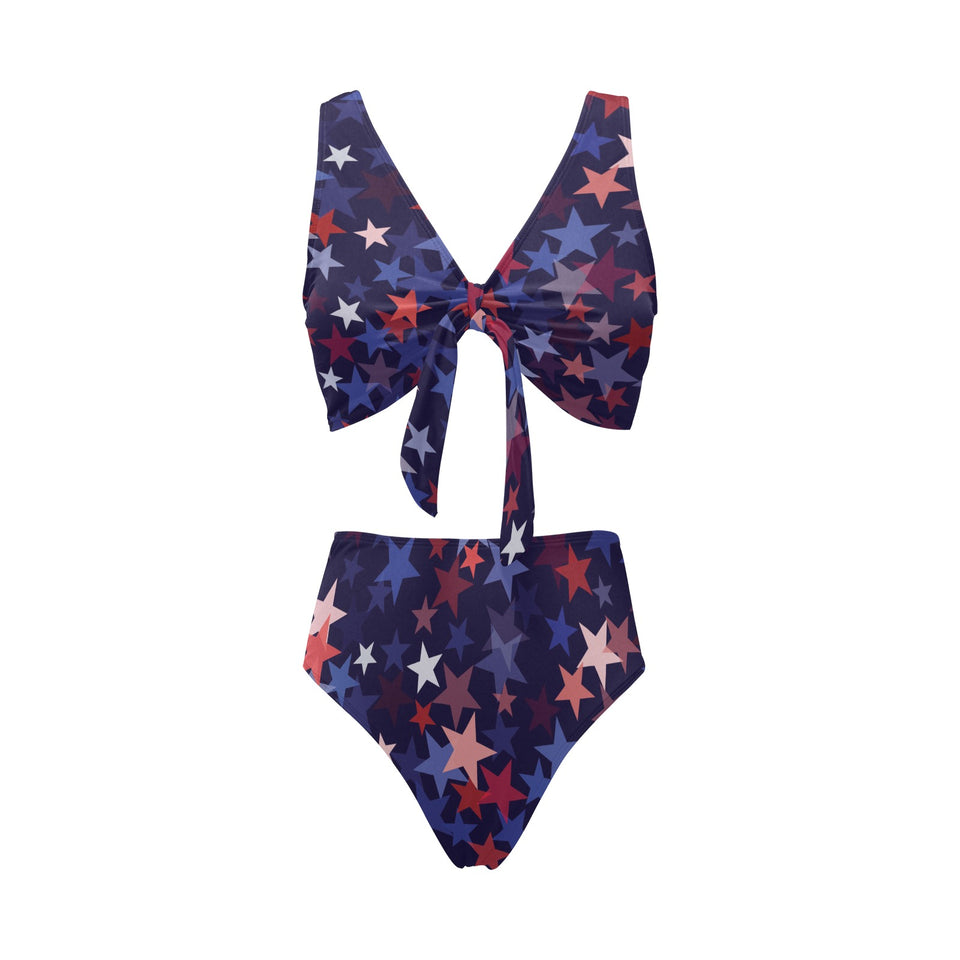 Red blue star pattern Chest Bowknot High Waisted Bikini Swimsuit