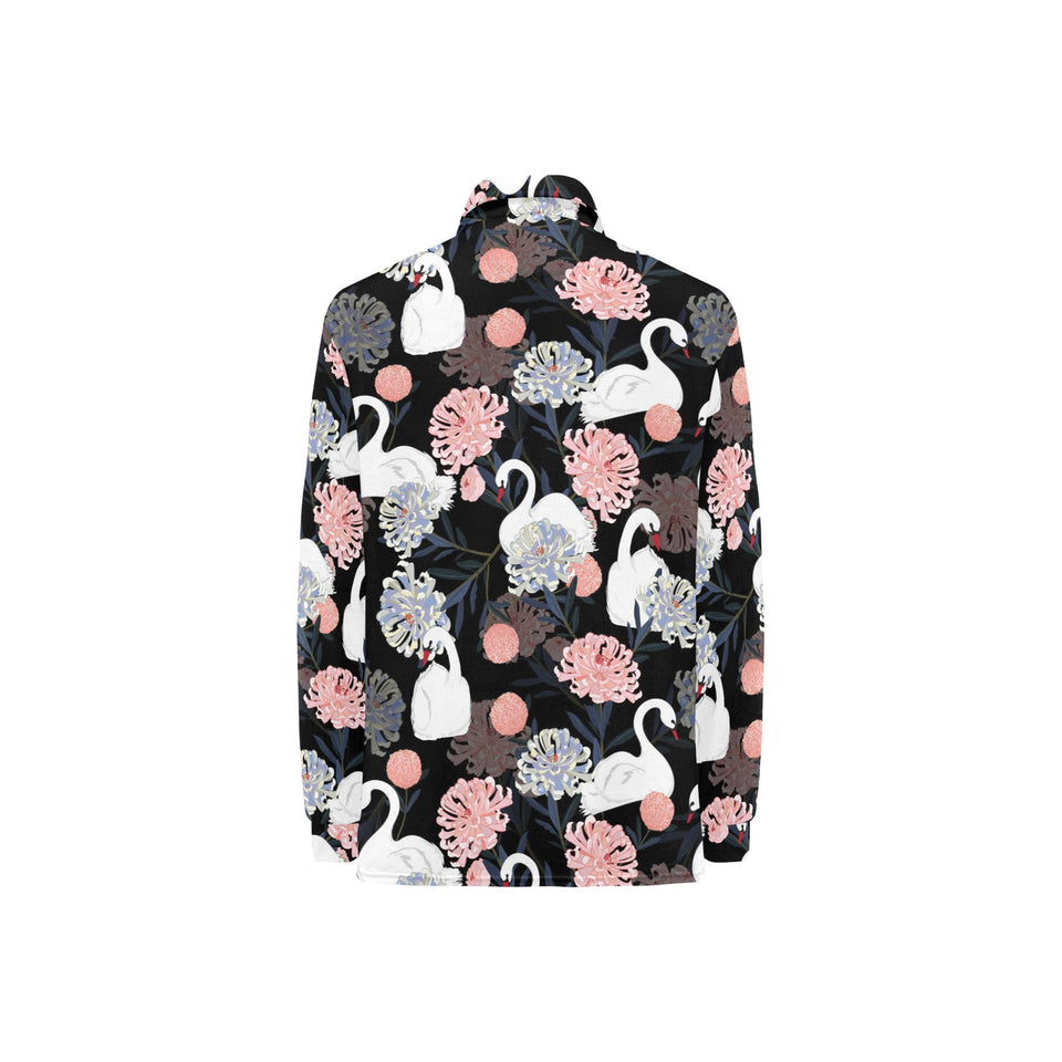 white swan blooming flower pattern Women's Long Sleeve Polo Shirt