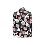 white swan blooming flower pattern Women's Long Sleeve Polo Shirt
