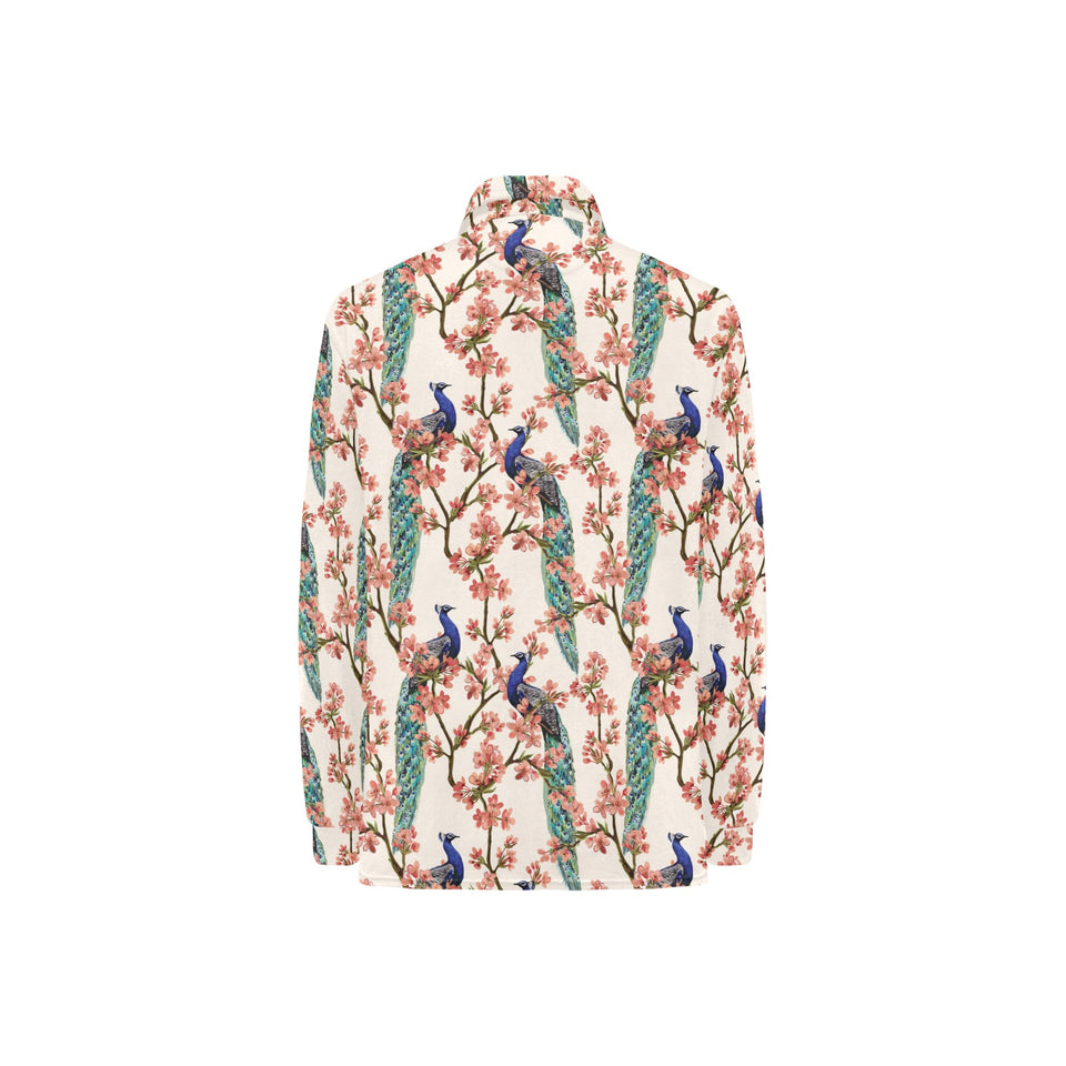 Peacock tropical flower pattern Women's Long Sleeve Polo Shirt