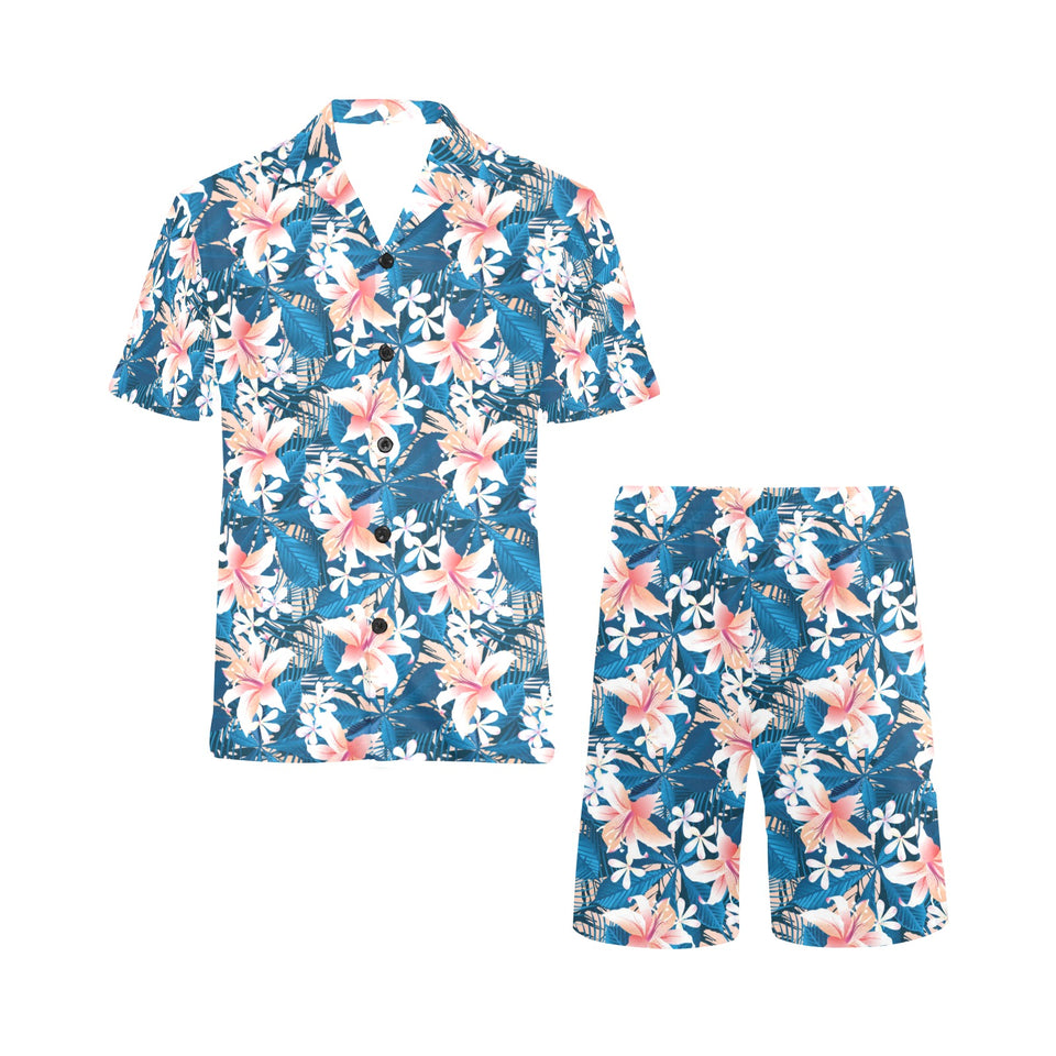 Hibiscus Pattern Print Design 02 Men's V-Neck Short Pajama Set
