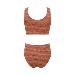 Brick Printed Pattern Print Design 03 Chest Bowknot High Waisted Bikini Swimsuit