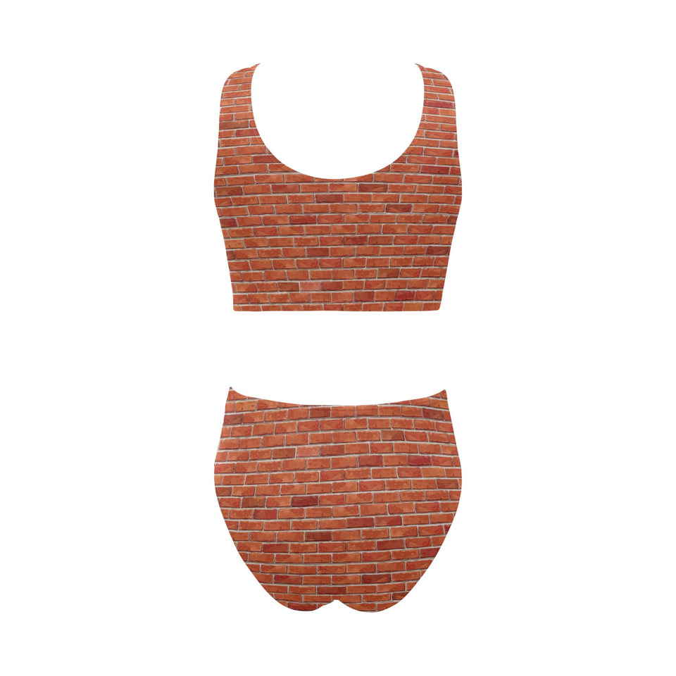 Brick Printed Pattern Print Design 03 Chest Bowknot High Waisted Bikini Swimsuit