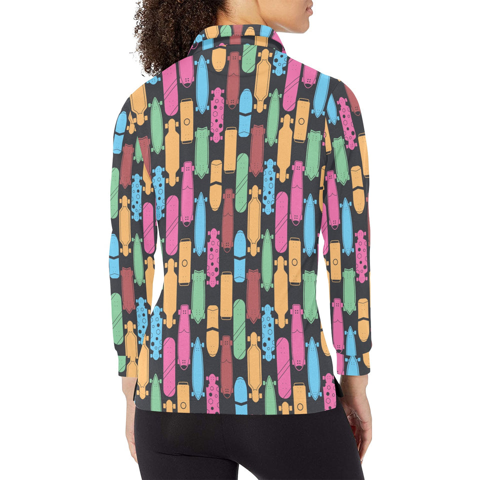 Skate Board Pattern Print Design 02 Women's Long Sleeve Polo Shirt