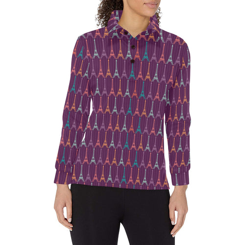 Eiffel Tower Pattern Print Design 05 Women's Long Sleeve Polo Shirt