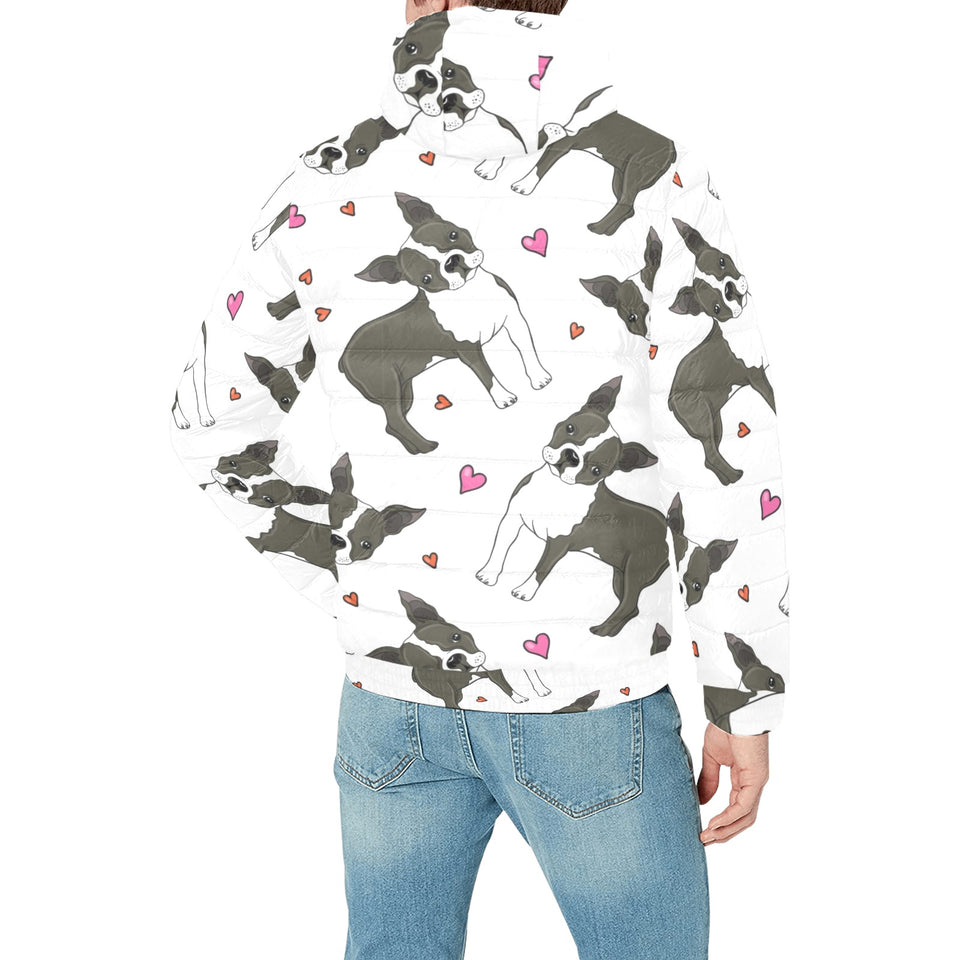 Boston terrier dog hearts vector pattern Men's Padded Hooded Jacket