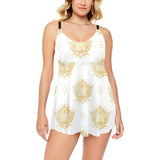Gold Ornamental lotue waterlily symbol pattern Chest Sexy Pleated Two Piece Swim Dress