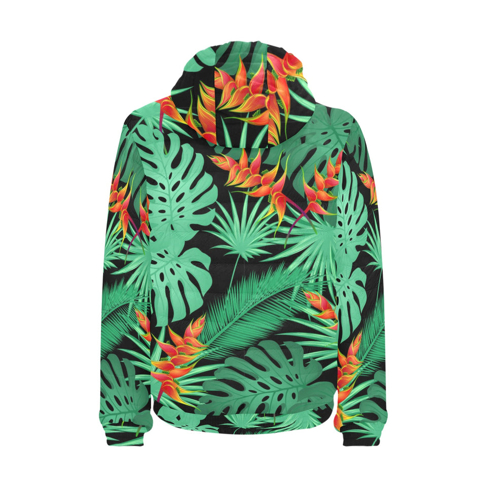 heliconia flower palm monstera leaves black backgr Men's Padded Hooded Jacket