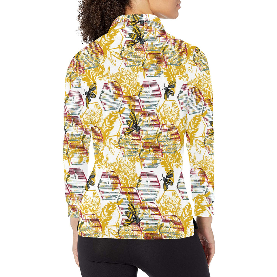 Cool Bee honeycomb leaves pattern Women's Long Sleeve Polo Shirt