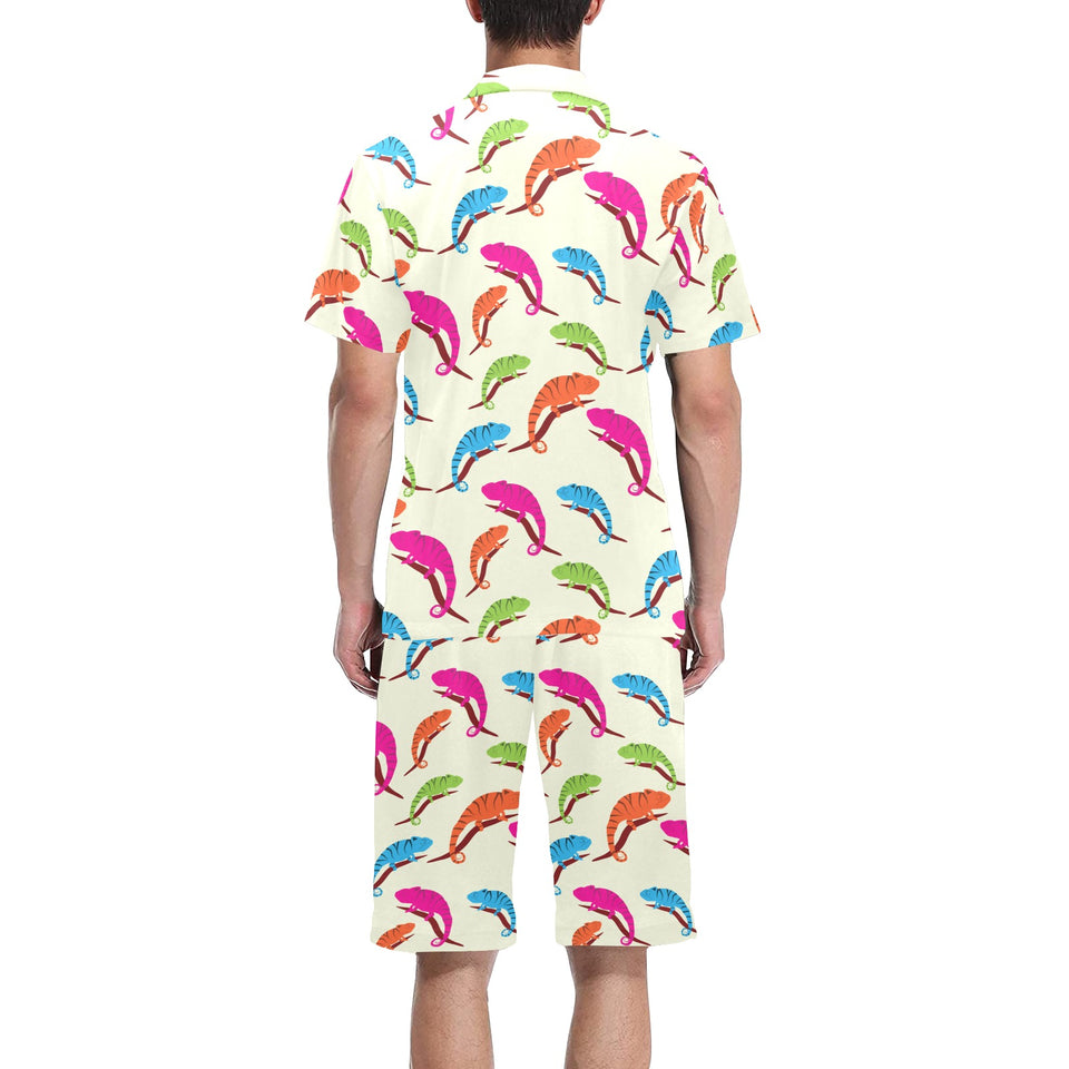 Colorful Chameleon lizard pattern Men's V-Neck Short Pajama Set