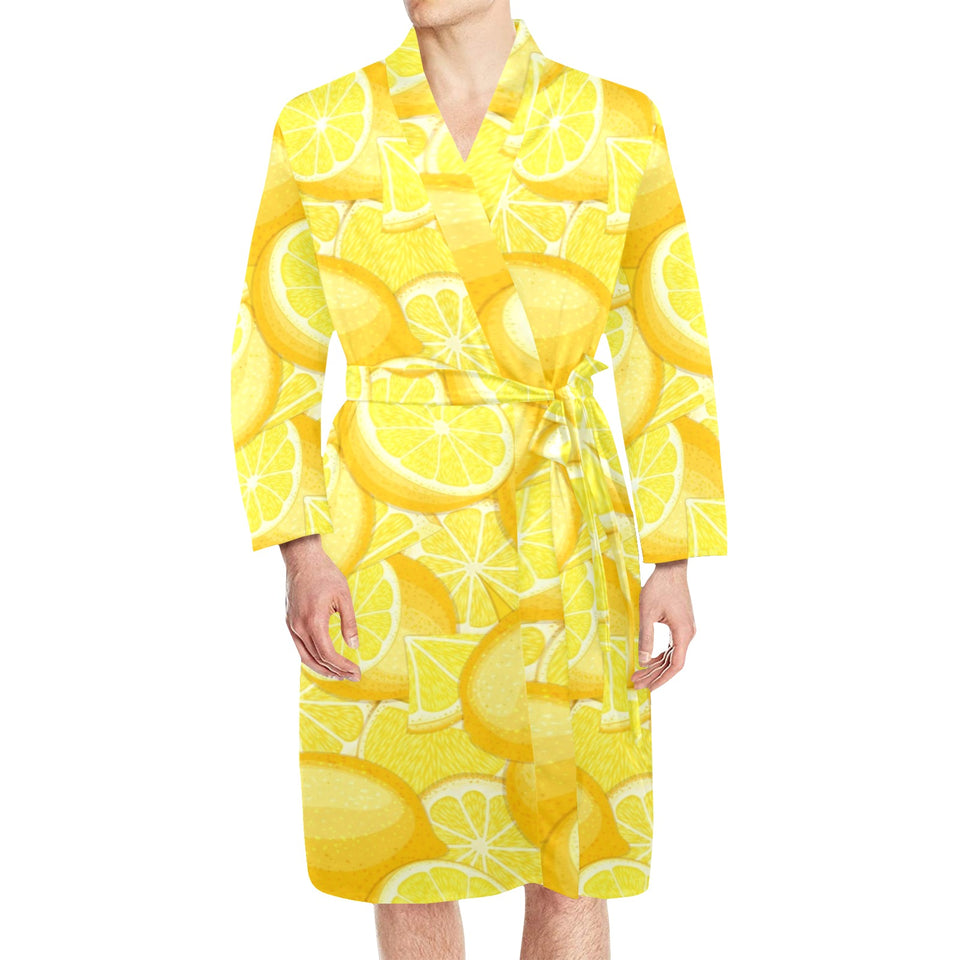 lemon flower leave pattern Men's Long Sleeve Belted Night Robe
