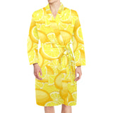 lemon flower leave pattern Men's Long Sleeve Belted Night Robe