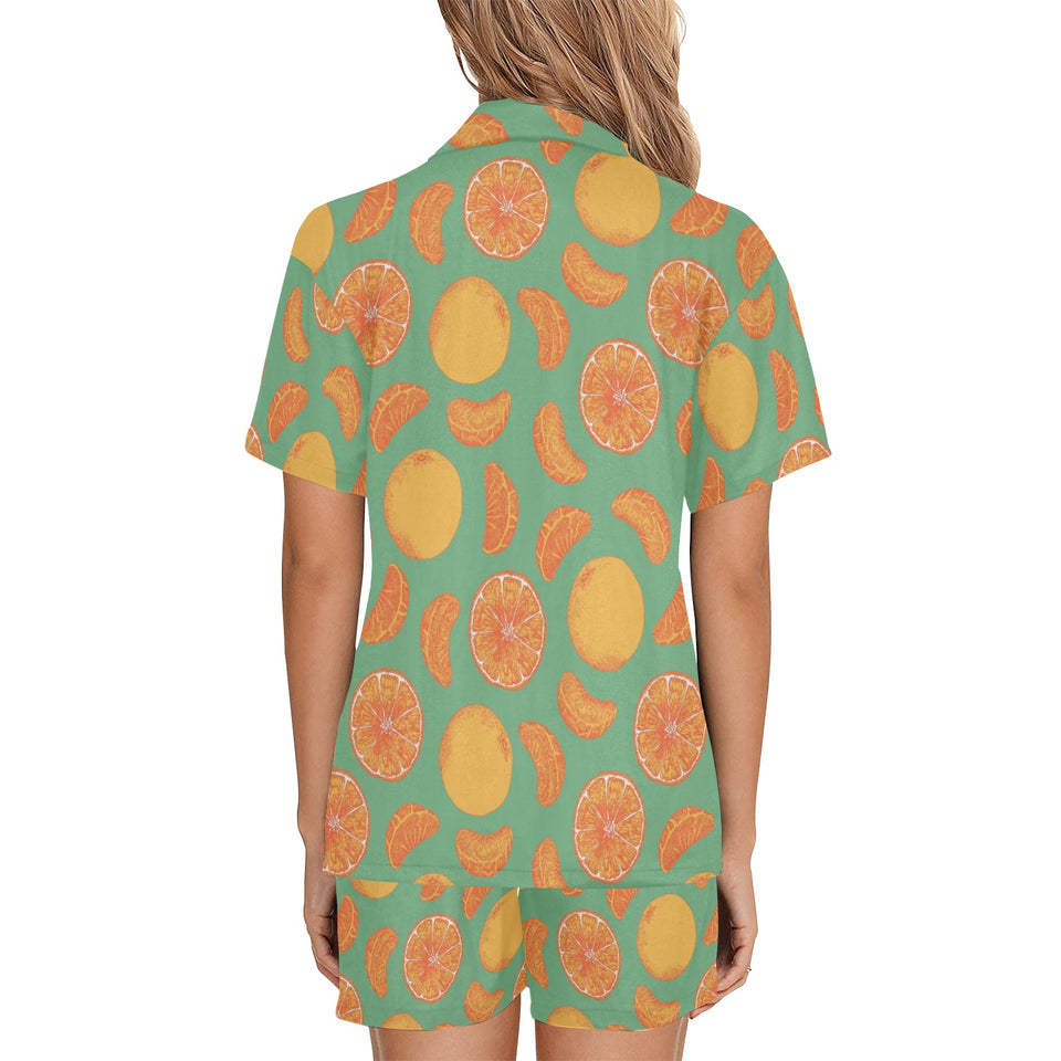 orange fruit pattern green background Women's V-Neck Short Pajama Set