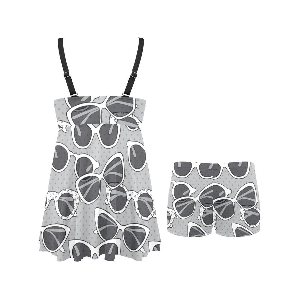Sun Glasses Pattern Print Design 04 Chest Sexy Pleated Two Piece Swim Dress