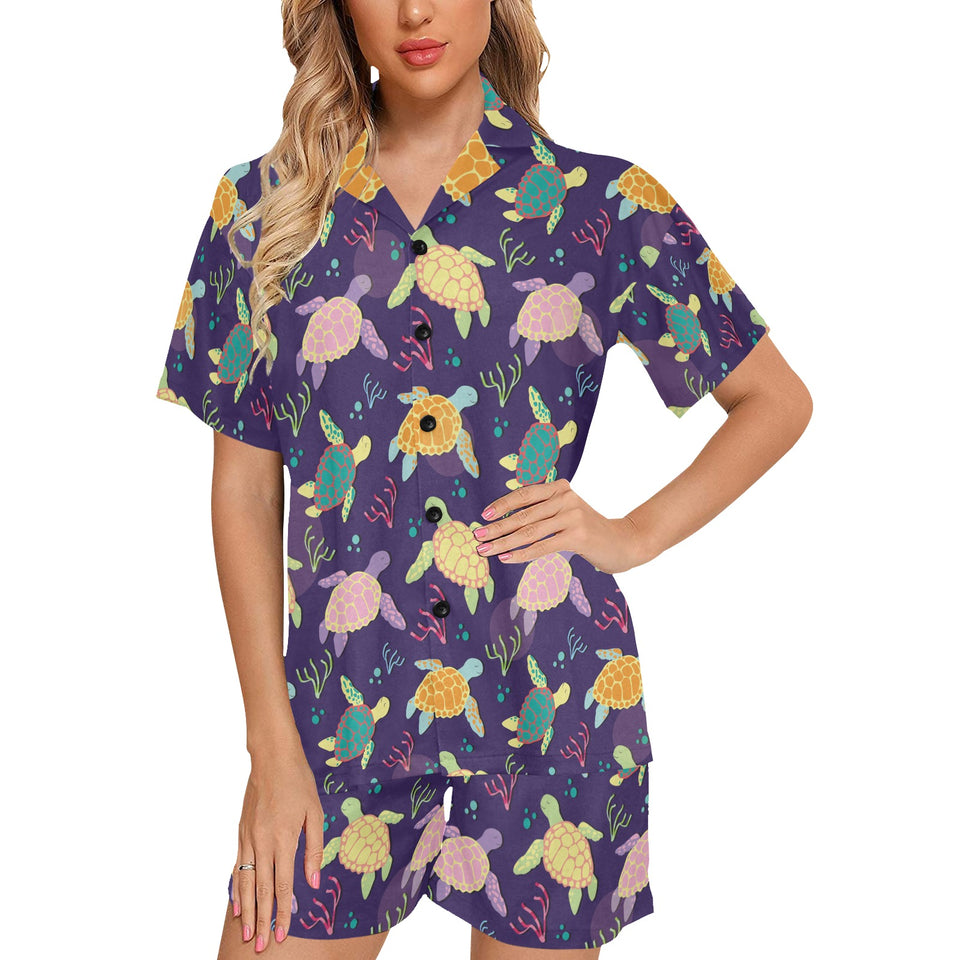 Colorful sea turtle pattern Women's V-Neck Short Pajama Set