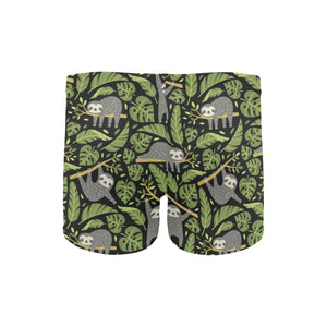 Cute sloths tropical palm leaves black background Men's Swimming Trunks