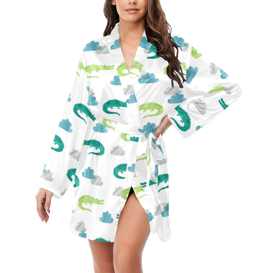 watercolor crocodile pattern Women's Long Sleeve Belted Night Robe