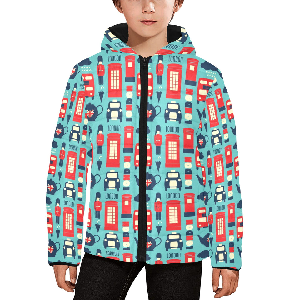 British Pattern Print Design 04 Kids' Boys' Girls' Padded Hooded Jacket