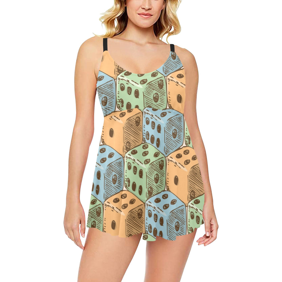 Dice Pattern Print Design 05 Chest Sexy Pleated Two Piece Swim Dress
