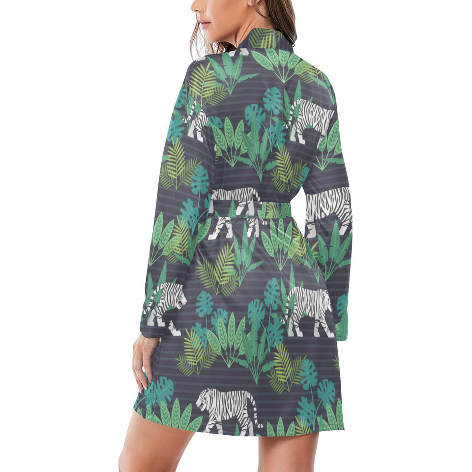 white bengal tigers tropical plant Women's Long Sleeve Belted Night Robe