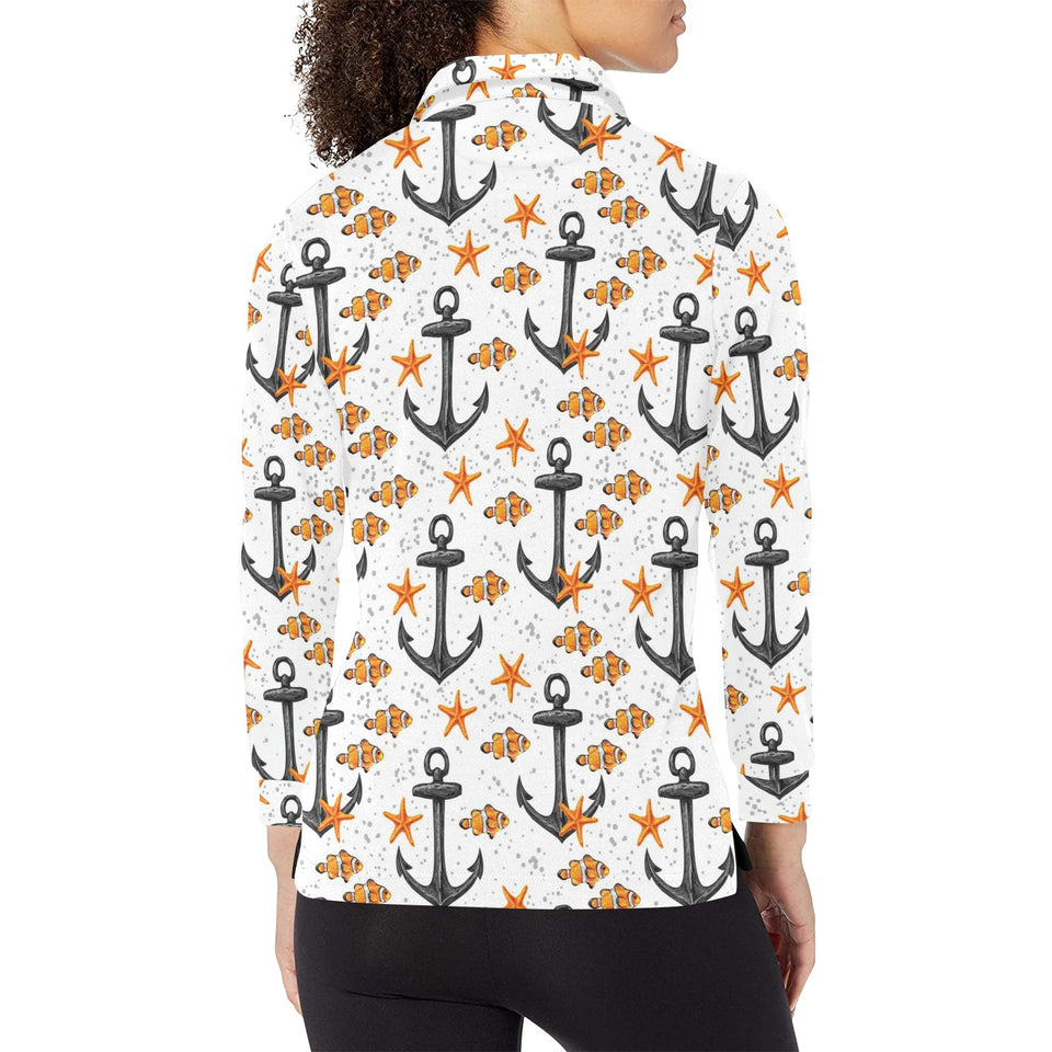 Clown Fish Pattern Print Design 02 Women's Long Sleeve Polo Shirt