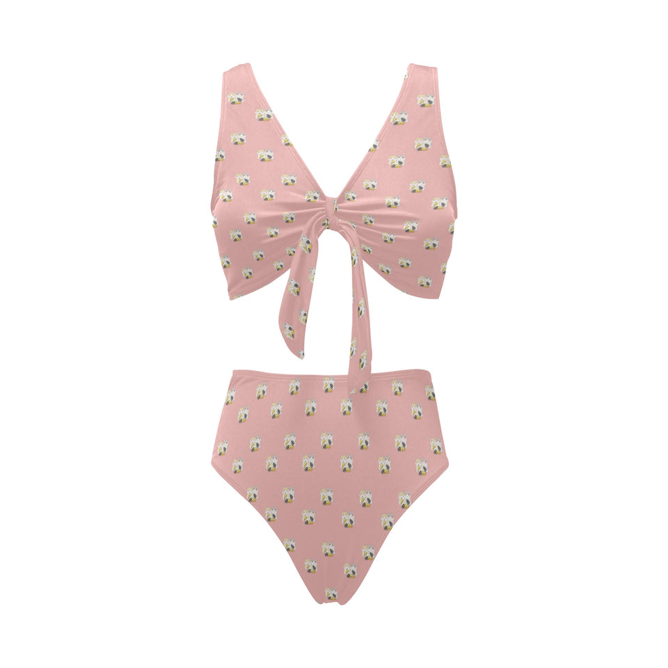 Cute hamster cheese pattern pink background Chest Bowknot High Waisted Bikini Swimsuit