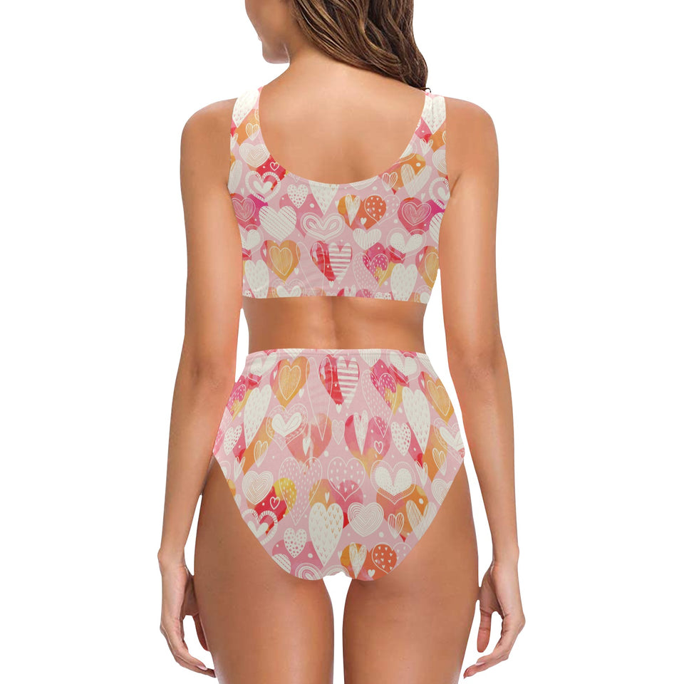 Hand drawn heart design pattern Chest Bowknot High Waisted Bikini Swimsuit