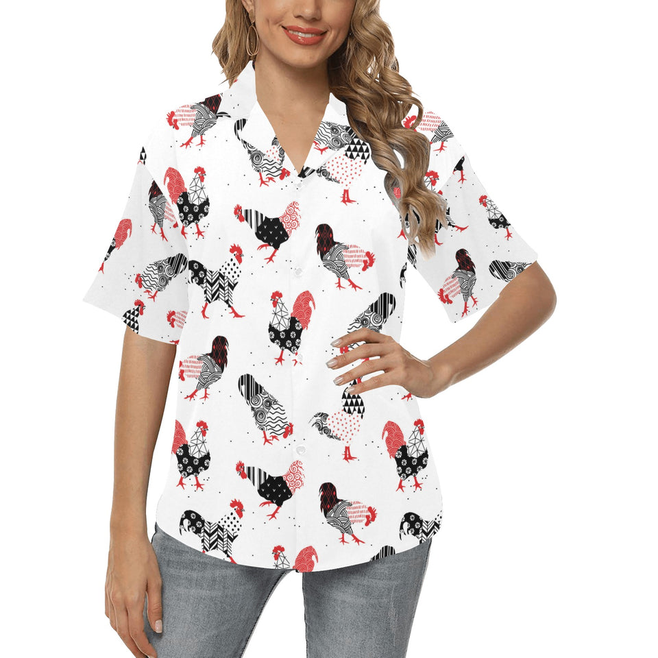 Cool rooster chicken cock floral ornament backgrou Women's All Over Print Hawaiian Shirt