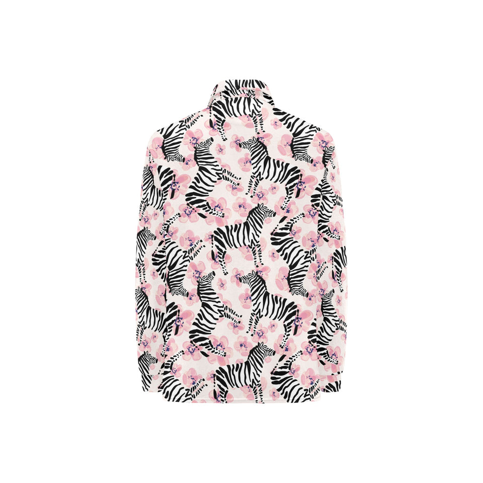 Zebra pink flower background Women's Long Sleeve Polo Shirt