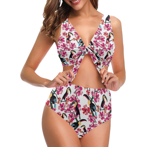 Toucan flower design pattern Chest Bowknot High Waisted Bikini Swimsuit