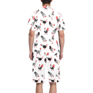 Cool rooster chicken cock floral ornament backgrou Men's V-Neck Short Pajama Set