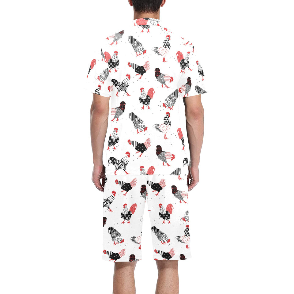 Cool rooster chicken cock floral ornament backgrou Men's V-Neck Short Pajama Set