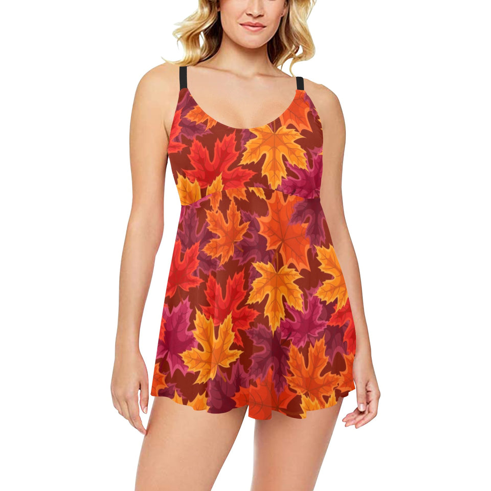 Autumn maple leaf pattern Chest Sexy Pleated Two Piece Swim Dress