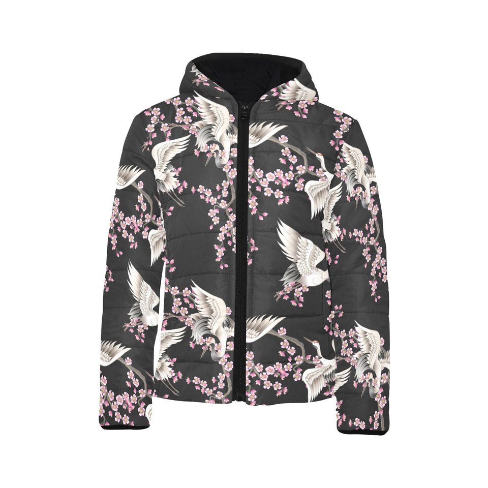 Japanese crane pink sakura pattern Kids' Boys' Girls' Padded Hooded Jacket