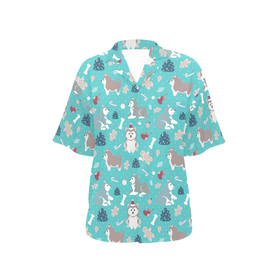Christmas cute siberian husky puppie pattern Women's All Over Print Hawaiian Shirt