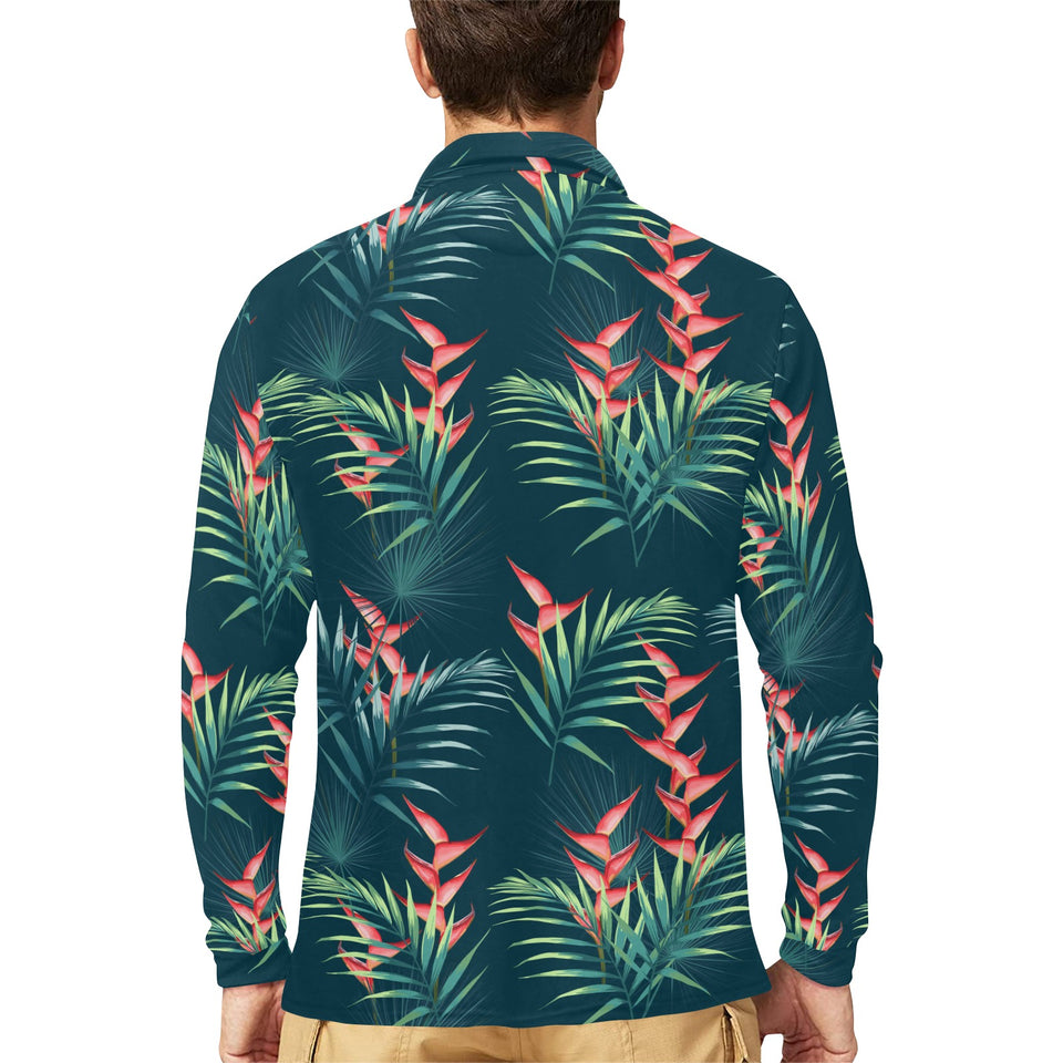 heliconia flowers, palm and monstera leaves on bla Men's Long Sleeve Polo Shirt