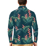 heliconia flowers, palm and monstera leaves on bla Men's Long Sleeve Polo Shirt