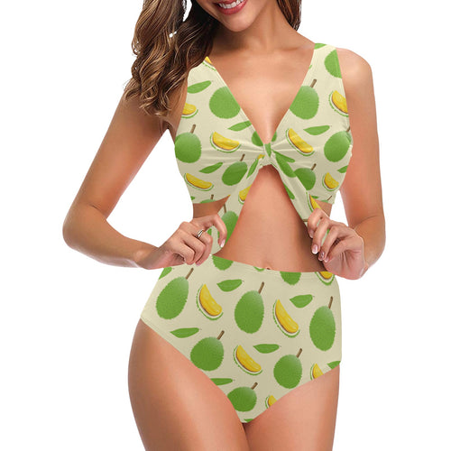 Durian pattern Chest Bowknot High Waisted Bikini Swimsuit