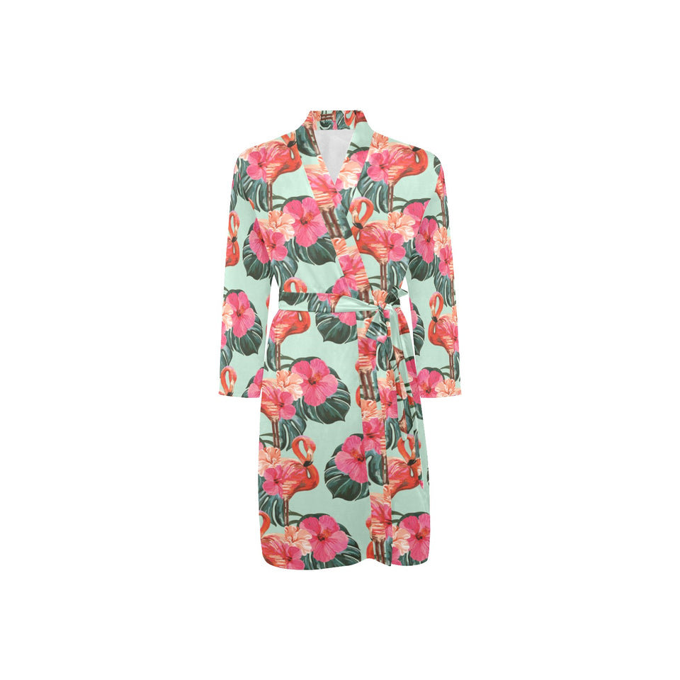 Beautiful flamingo tropical palm leaves hibiscus p Men's Long Sleeve Belted Night Robe