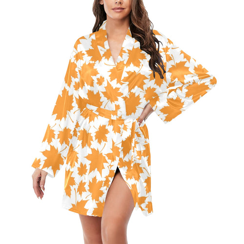 Orange Maple Leaf pattern Women's Long Sleeve Belted Night Robe